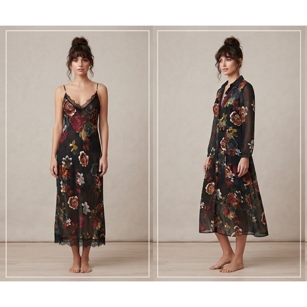 Soft Surroundings Floral Sheer Shirtdress Lace Trim Slip Set Sheer Dark Cottage